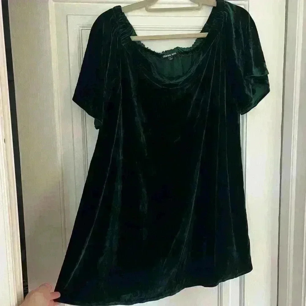 Gianni Bini green velvet babydoll dress off the shoulder mini christmas size L - Picture 10 of 13